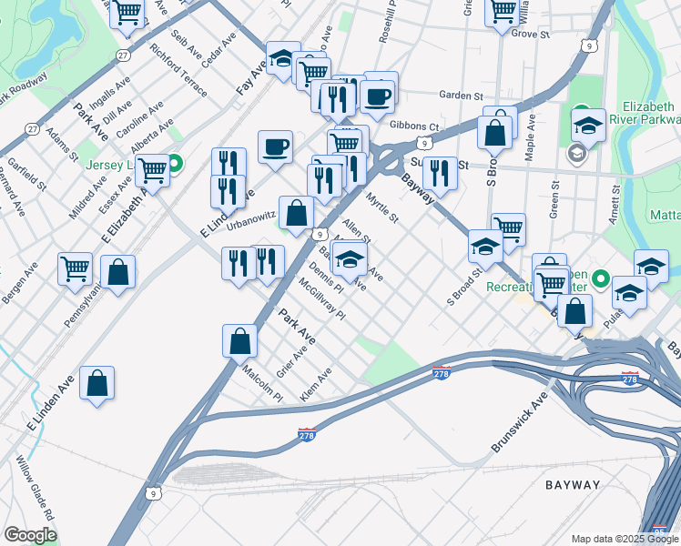 map of restaurants, bars, coffee shops, grocery stores, and more near 703 Bacheller Avenue in Linden