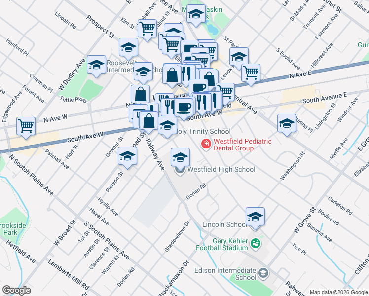 map of restaurants, bars, coffee shops, grocery stores, and more near 515 Trinity Place in Westfield