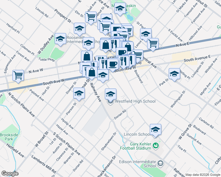 map of restaurants, bars, coffee shops, grocery stores, and more near 315 1st Street in Westfield