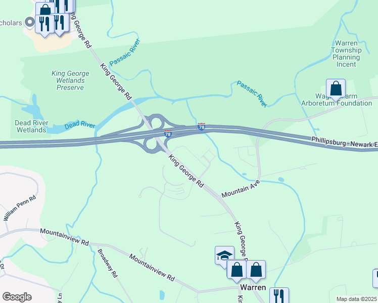 map of restaurants, bars, coffee shops, grocery stores, and more near 6 Aster Boulevard in Warren