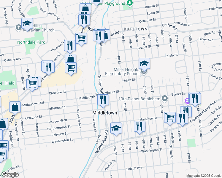 map of restaurants, bars, coffee shops, grocery stores, and more near 2111 3rd Street in Bethlehem