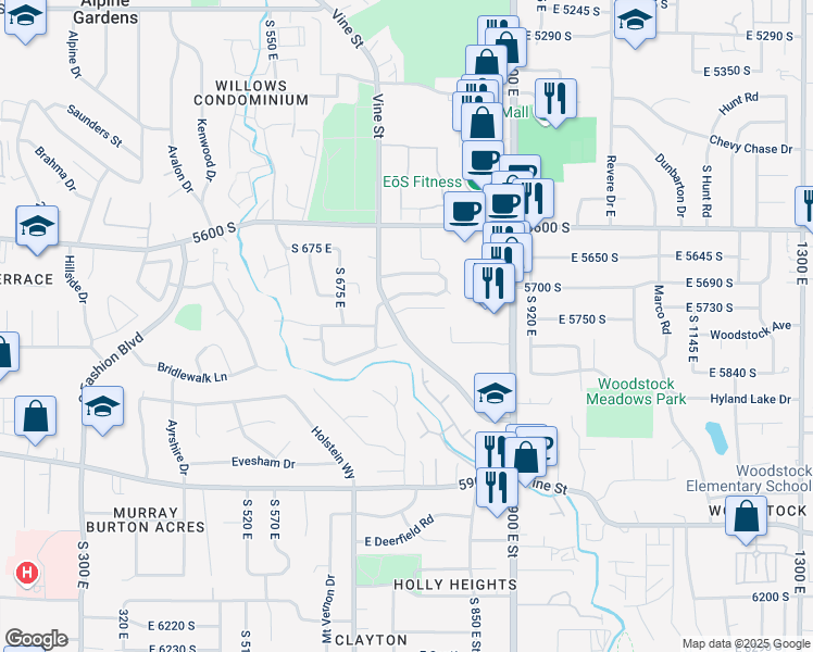 map of restaurants, bars, coffee shops, grocery stores, and more near 801 Vine Street in Murray