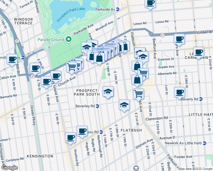 map of restaurants, bars, coffee shops, grocery stores, and more near 1701 Albemarle Road in Brooklyn