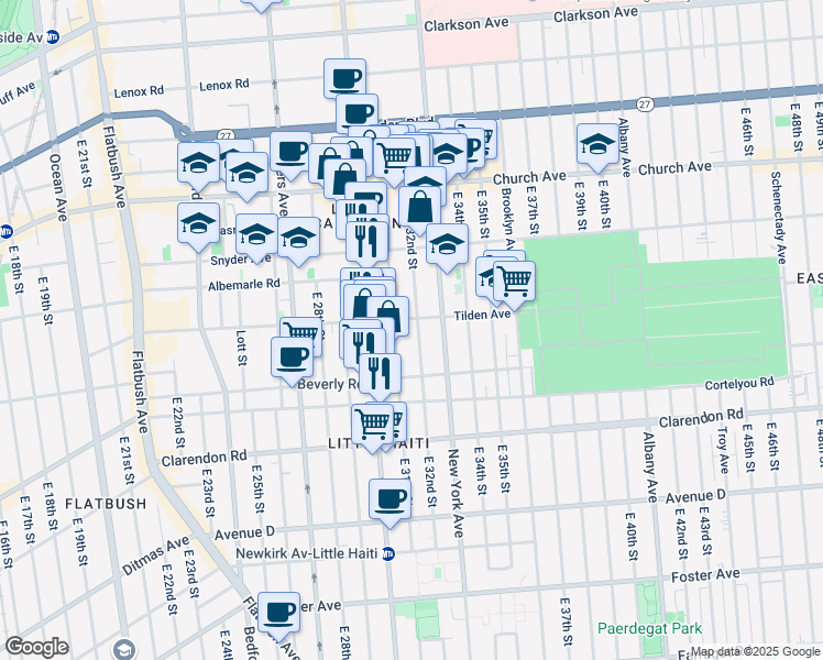 map of restaurants, bars, coffee shops, grocery stores, and more near 3201 Tilden Avenue in Brooklyn