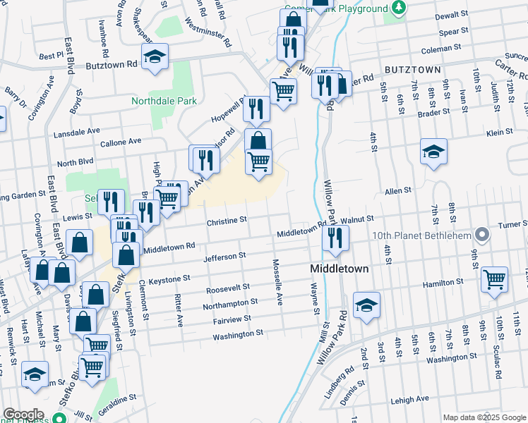 map of restaurants, bars, coffee shops, grocery stores, and more near 3065 Christine Street in Bethlehem