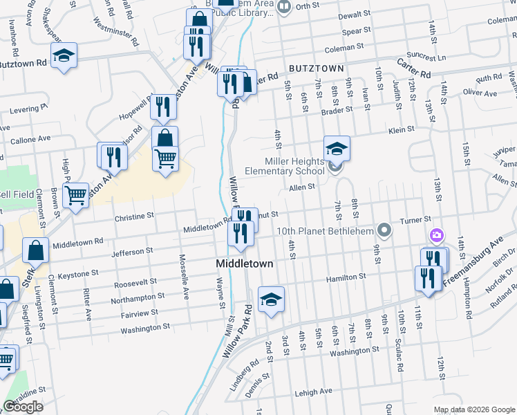 map of restaurants, bars, coffee shops, grocery stores, and more near 2111 3rd Street in Bethlehem