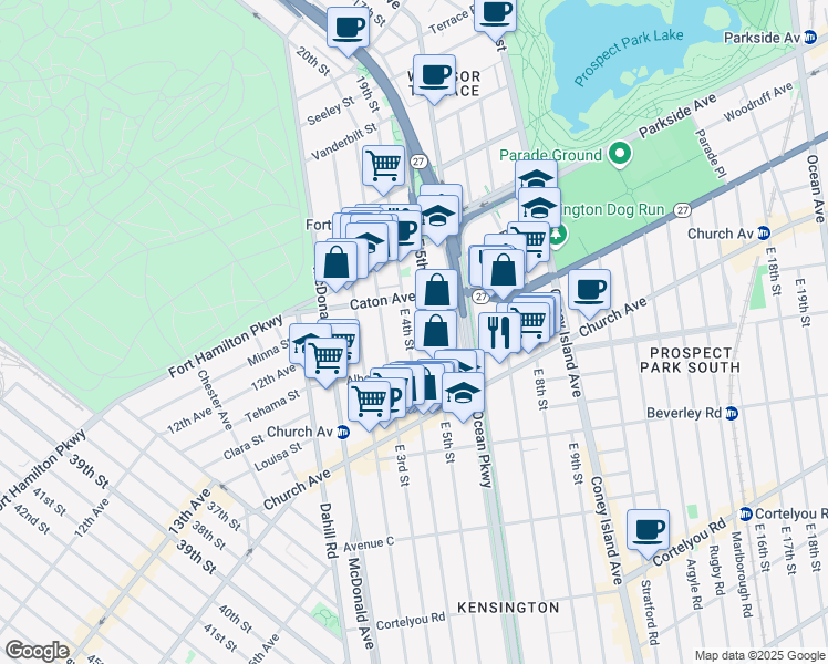 map of restaurants, bars, coffee shops, grocery stores, and more near 215 East 4th Street in Brooklyn