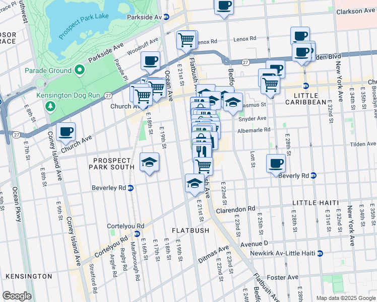 map of restaurants, bars, coffee shops, grocery stores, and more near 312 East 21st Street in Brooklyn