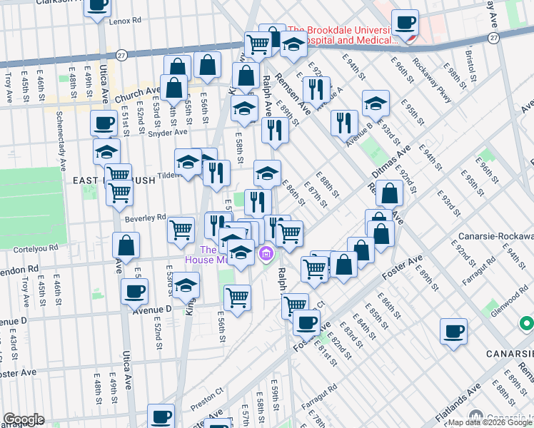 map of restaurants, bars, coffee shops, grocery stores, and more near 5818 Beverley Road in Brooklyn
