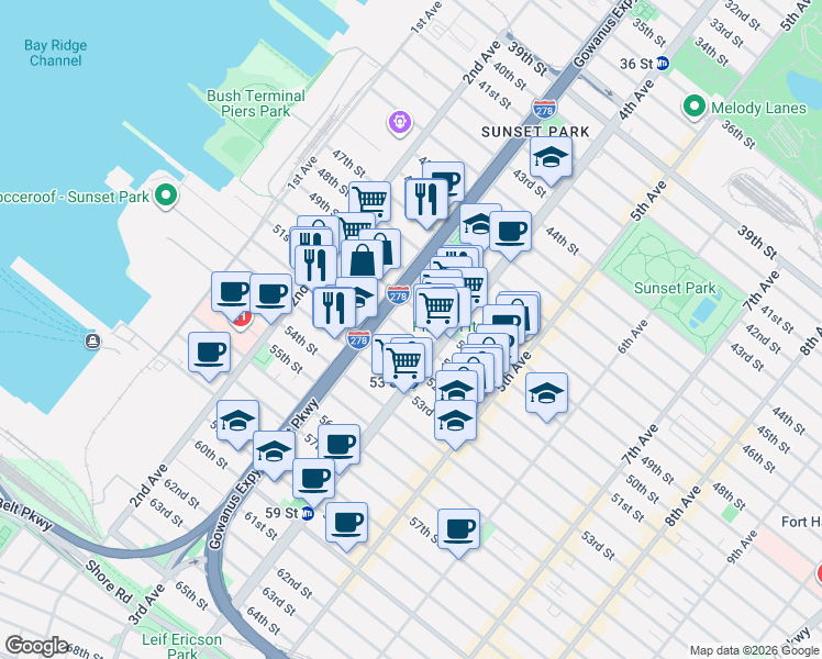 map of restaurants, bars, coffee shops, grocery stores, and more near 317 51st Street in Brooklyn