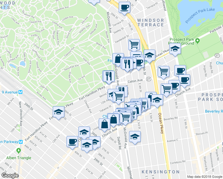 map of restaurants, bars, coffee shops, grocery stores, and more near 28 Dahill Road in Brooklyn