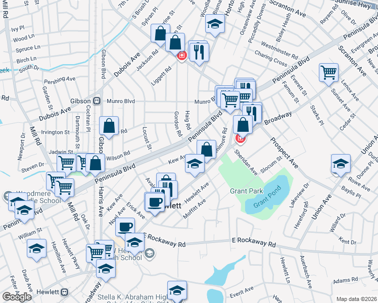 map of restaurants, bars, coffee shops, grocery stores, and more near 58 Stevenson Road in Hewlett