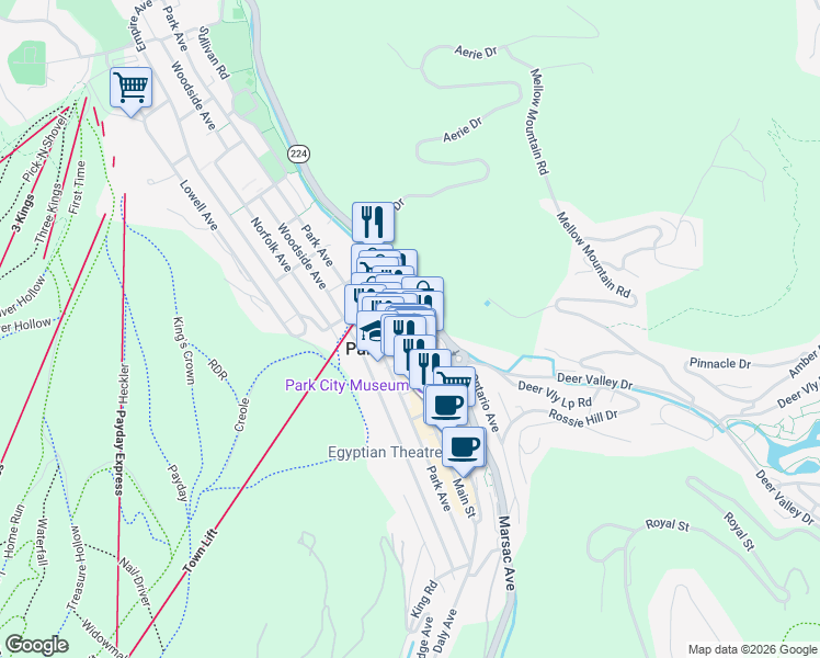 map of restaurants, bars, coffee shops, grocery stores, and more near 201 Heber Avenue in Park City