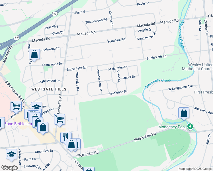 map of restaurants, bars, coffee shops, grocery stores, and more near 2607 Victory Way in Bethlehem