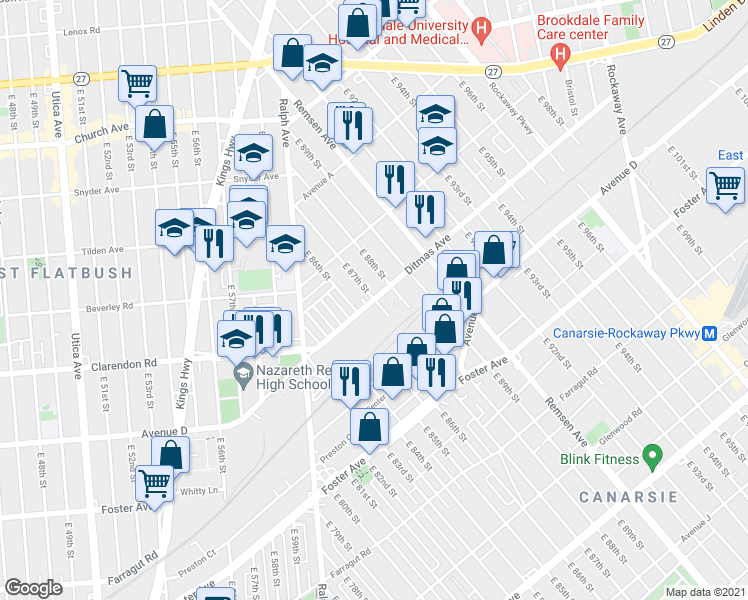 map of restaurants, bars, coffee shops, grocery stores, and more near 300 East 87th Street in Brooklyn