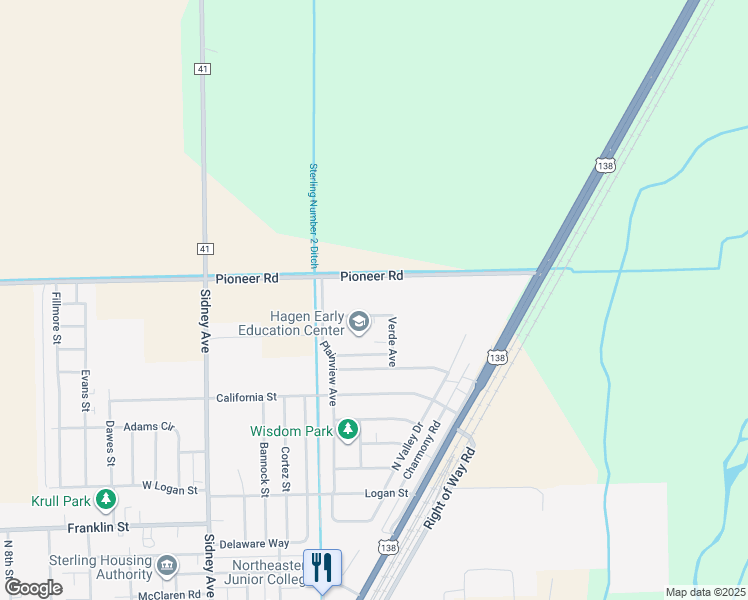 map of restaurants, bars, coffee shops, grocery stores, and more near 318 Hagen Street in Sterling