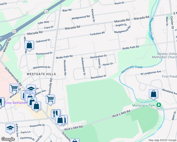 map of restaurants, bars, coffee shops, grocery stores, and more near 2607 Victory Way in Bethlehem