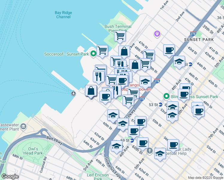 map of restaurants, bars, coffee shops, grocery stores, and more near 150 55th Street in Brooklyn