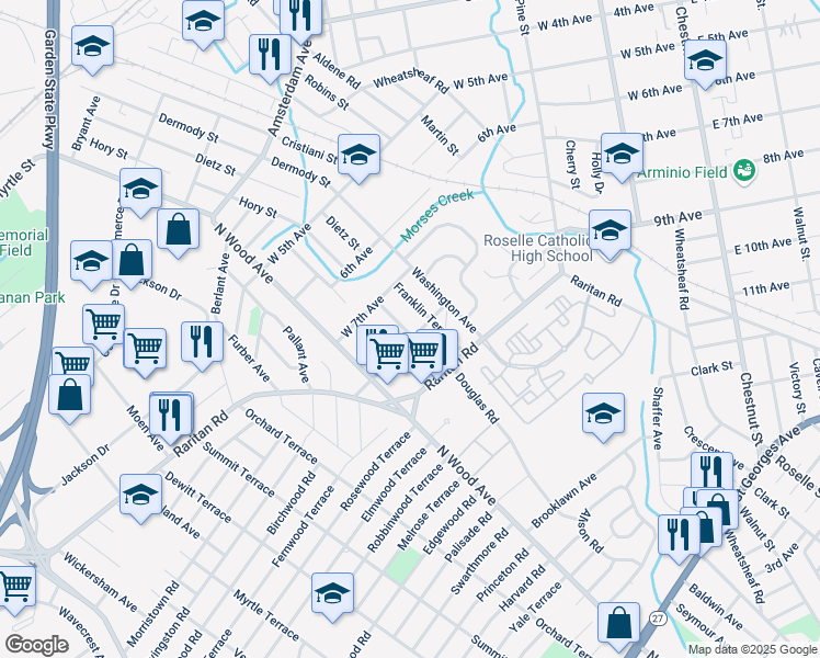 map of restaurants, bars, coffee shops, grocery stores, and more near 716 Golf Terrace in Roselle