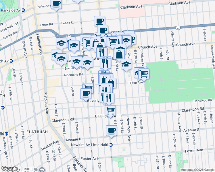 map of restaurants, bars, coffee shops, grocery stores, and more near 3021 Tilden Avenue in Brooklyn