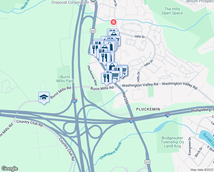 map of restaurants, bars, coffee shops, grocery stores, and more near 255 US Highway 202 206 in Bedminster