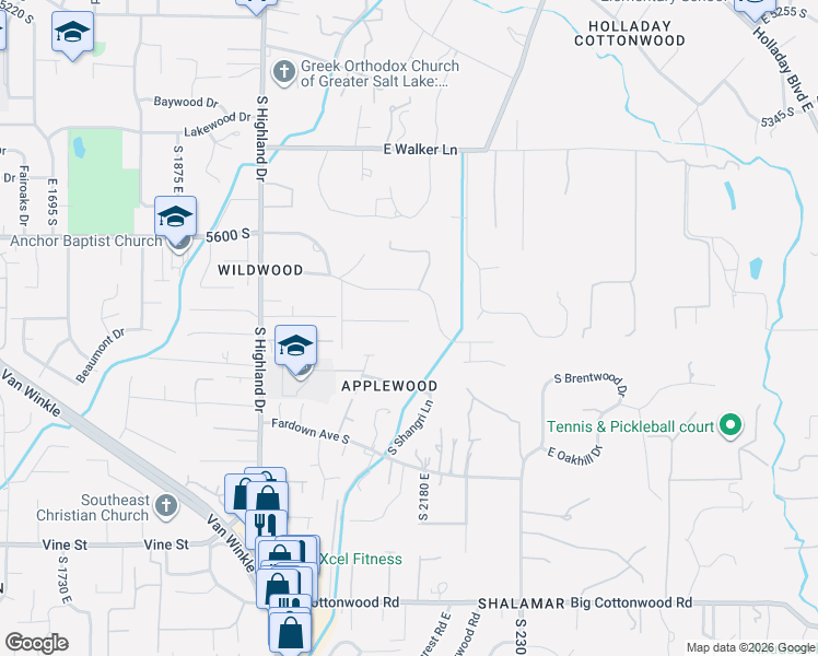 map of restaurants, bars, coffee shops, grocery stores, and more near 2135 East Pheasant Lane in Holladay