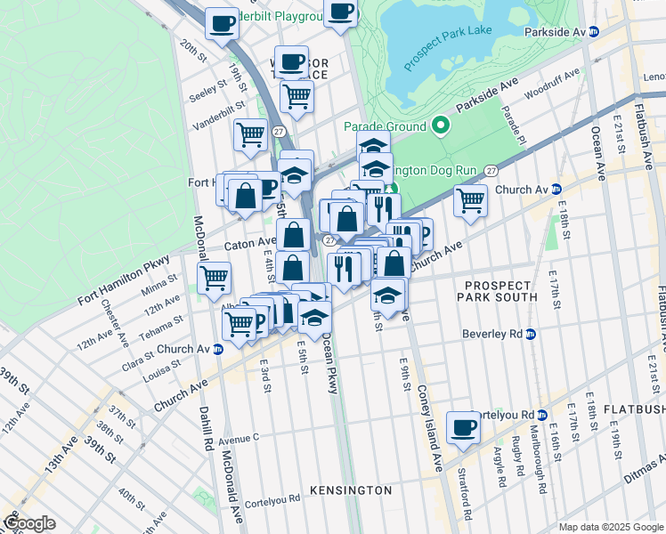 map of restaurants, bars, coffee shops, grocery stores, and more near 135 Prospect Expressway in Brooklyn