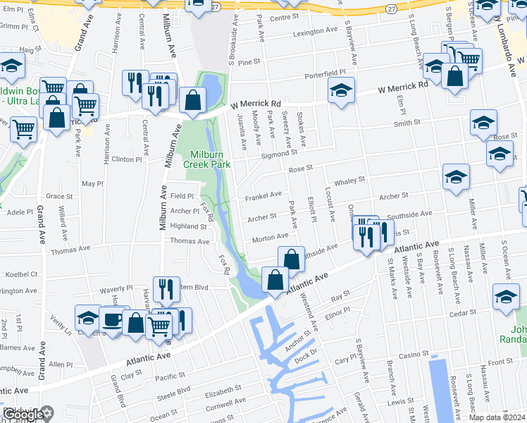 map of restaurants, bars, coffee shops, grocery stores, and more near 530 Archer Street in Freeport
