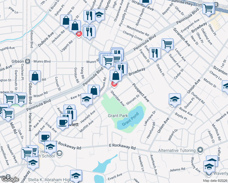 map of restaurants, bars, coffee shops, grocery stores, and more near 20 Sheridan Avenue in Hewlett