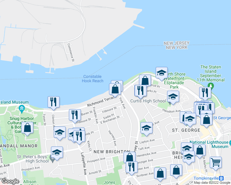 map of restaurants, bars, coffee shops, grocery stores, and more near 15 Richmond Terrace in Staten Island