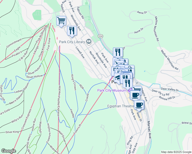 map of restaurants, bars, coffee shops, grocery stores, and more near 911 Lowell Avenue in Park City