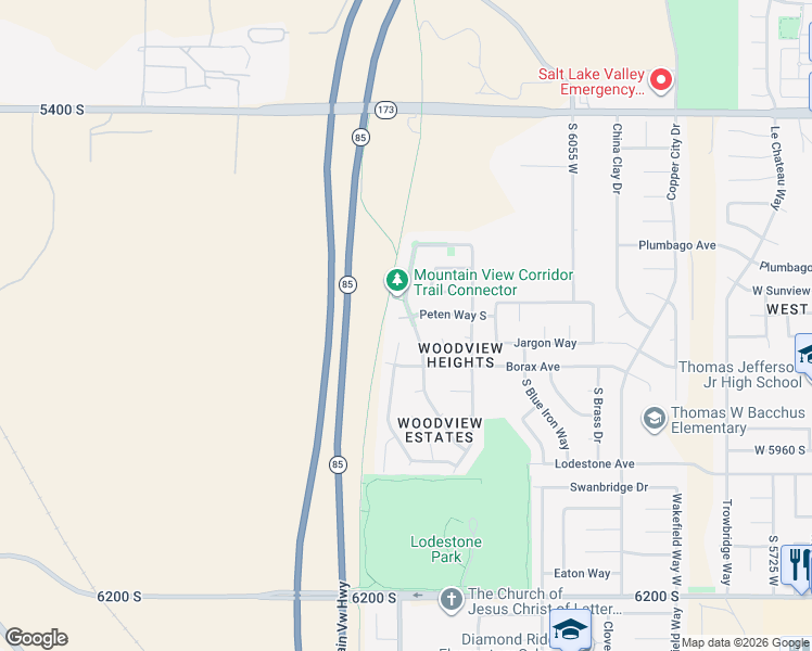 map of restaurants, bars, coffee shops, grocery stores, and more near 5738 Woodview Drive in West Valley City