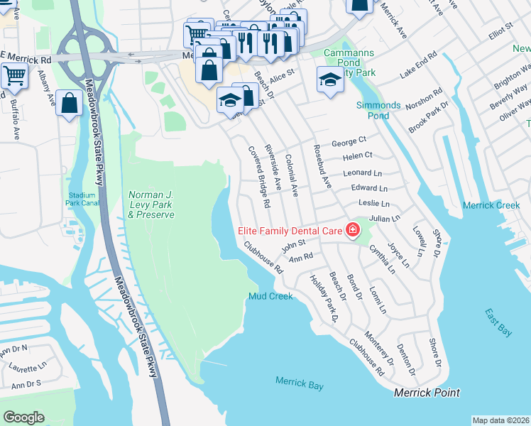 map of restaurants, bars, coffee shops, grocery stores, and more near 2803 Covered Bridge Road in Merrick