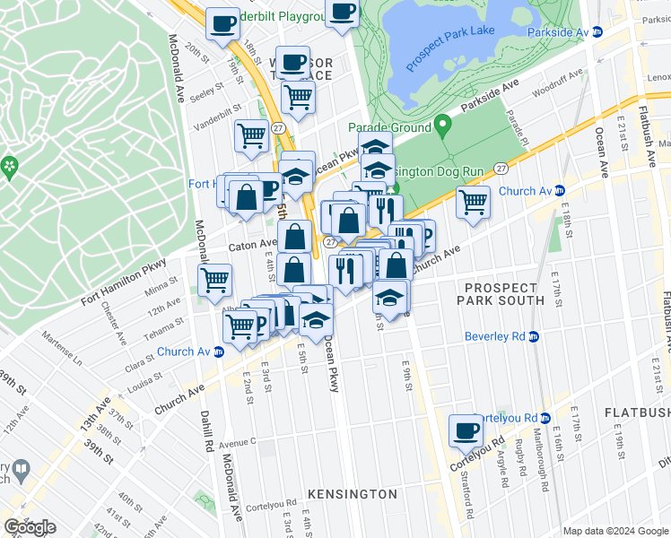 map of restaurants, bars, coffee shops, grocery stores, and more near 135 Prospect Expressway in Brooklyn