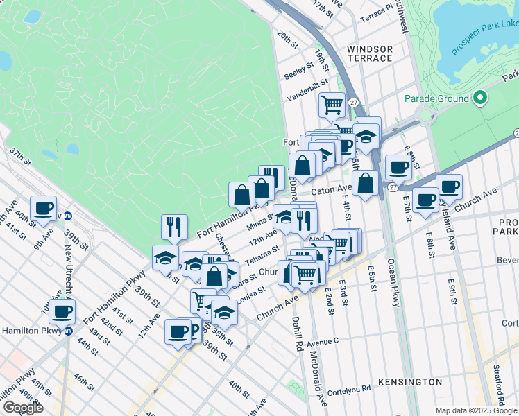map of restaurants, bars, coffee shops, grocery stores, and more near 3351 Fort Hamilton Parkway in Brooklyn