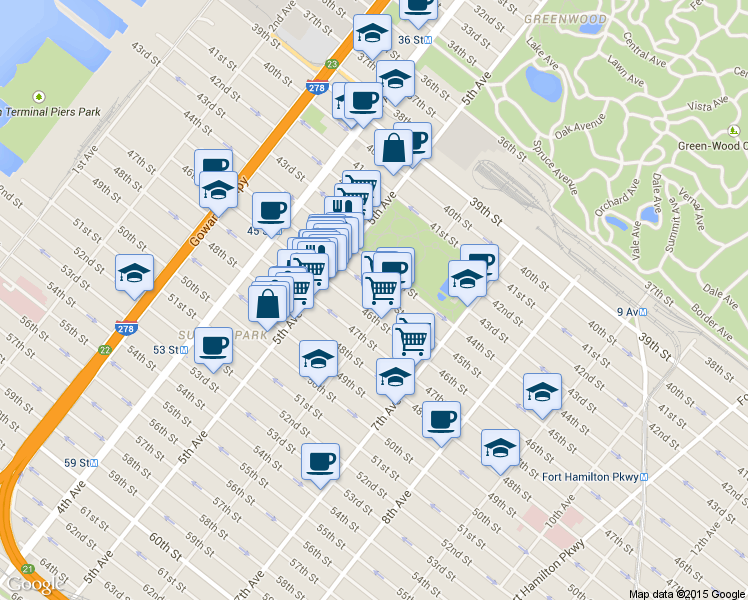 map of restaurants, bars, coffee shops, grocery stores, and more near 569 45th Street in Brooklyn