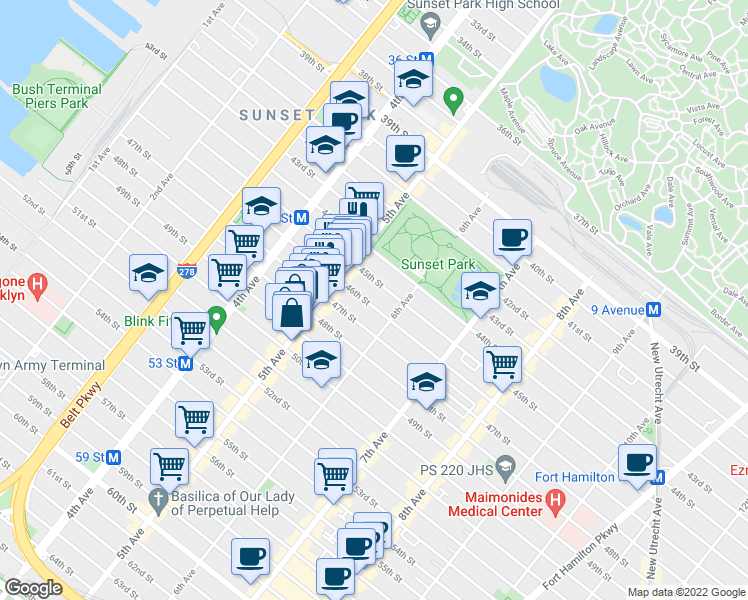 map of restaurants, bars, coffee shops, grocery stores, and more near 533 46th Street in Brooklyn