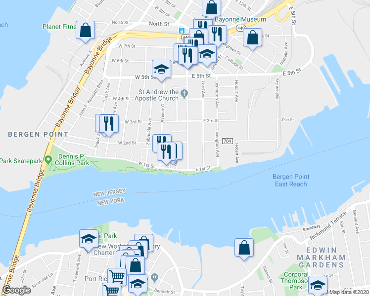 map of restaurants, bars, coffee shops, grocery stores, and more near 45 Broadway in Bayonne