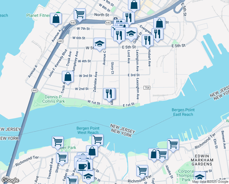 map of restaurants, bars, coffee shops, grocery stores, and more near 45 Broadway in Bayonne