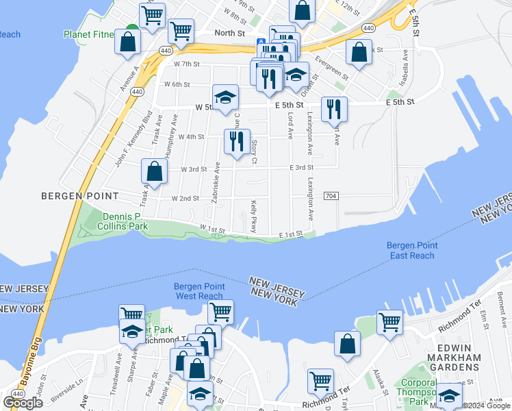 map of restaurants, bars, coffee shops, grocery stores, and more near 45 Broadway in Bayonne