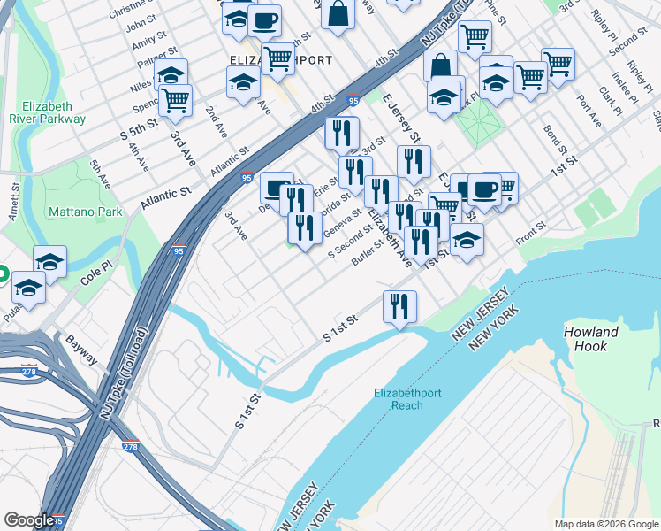 map of restaurants, bars, coffee shops, grocery stores, and more near 52 South Second Street in Elizabeth