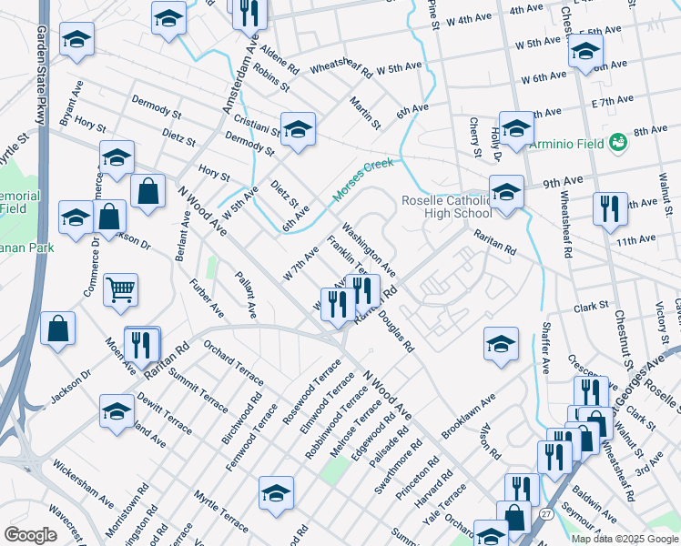 map of restaurants, bars, coffee shops, grocery stores, and more near 716 Golf Terrace in Roselle