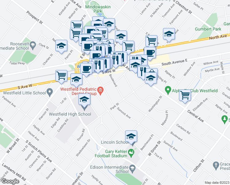 map of restaurants, bars, coffee shops, grocery stores, and more near 521 Boulevard in Westfield