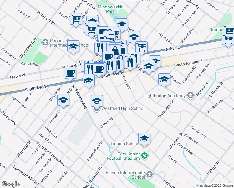 map of restaurants, bars, coffee shops, grocery stores, and more near 539 Summit Avenue in Westfield