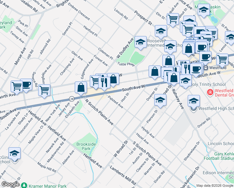map of restaurants, bars, coffee shops, grocery stores, and more near 534 Hort Street in Westfield