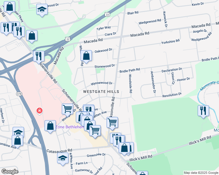 map of restaurants, bars, coffee shops, grocery stores, and more near 2645 Belaire Road in Bethlehem