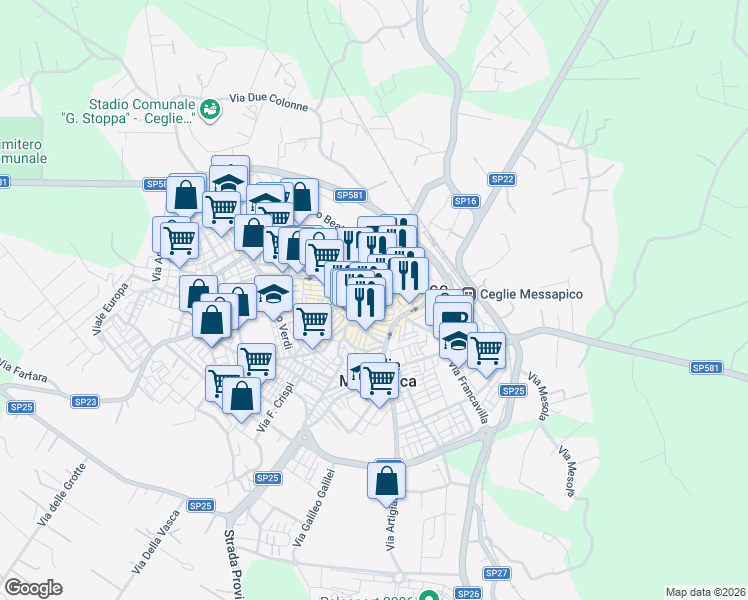 map of restaurants, bars, coffee shops, grocery stores, and more near 8 Via Priore in Ceglie Messapica
