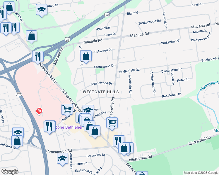 map of restaurants, bars, coffee shops, grocery stores, and more near 2645 Belaire Road in Bethlehem