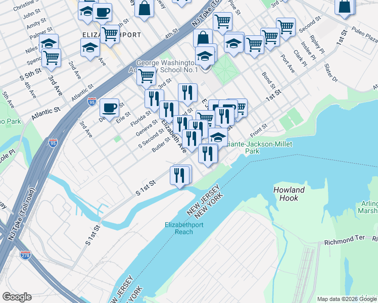 map of restaurants, bars, coffee shops, grocery stores, and more near 119 Elizabeth Ave in Elizabeth