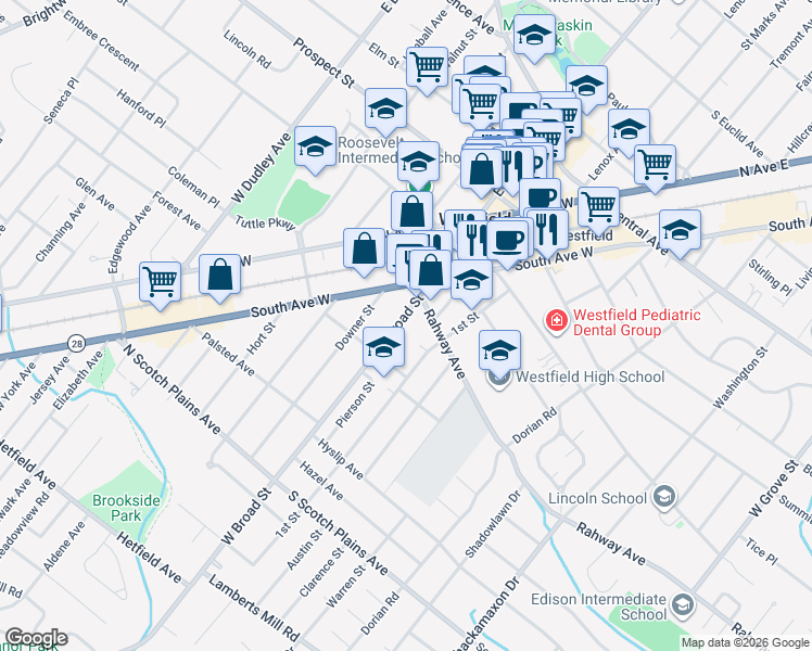 map of restaurants, bars, coffee shops, grocery stores, and more near 436 West Broad Street in Westfield